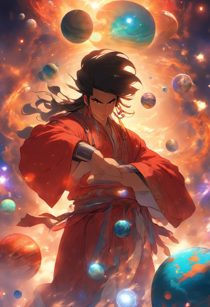 (((Chinese MAN holding planets))) Best Quality, Ultra-High Resolution, 4K Detailed CG, Masterpiece, PANGU,Giant,Black Hair,Axe,Galaxies,Universe,Chinese Mythology, Chinese Painting Style, Shui mo Hua, Thangka Style,Aesthetics, Beautiful Image, Depth of Field, Centered on Screen