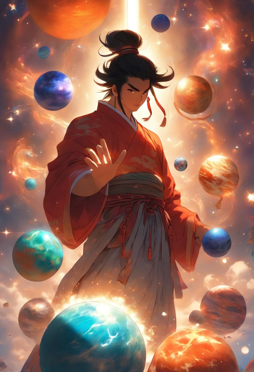 (((Chinese MAN holding planets))) Best Quality, Ultra-High Resolution, 4K Detailed CG, Masterpiece, PANGU,Giant,Black Hair,Axe,Galaxies,Universe,Chinese Mythology, Chinese Painting Style, Shui mo Hua, Thangka Style,Aesthetics, Beautiful Image, Depth of Field, Centered on Screen