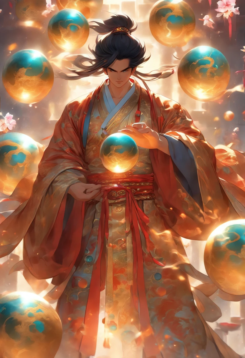 (((Chinese MAN holding spheres))) Best Quality, Ultra-High Resolution, 4K Detailed CG, Masterpiece, PANGU,Giant,Black Hair,Axe,Galaxies,Universe,Chinese Mythology, Chinese Painting Style, Shui mo Hua, Thangka Style,Aesthetics, Beautiful Image, Depth of Field, Centered on Screen