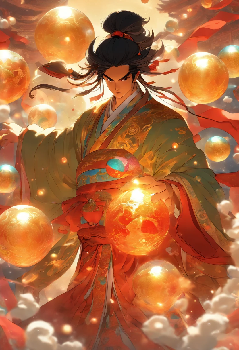(((Chinese MAN holding spheres))) Best Quality, Ultra-High Resolution, 4K Detailed CG, Masterpiece, PANGU,Giant,Black Hair,Axe,Galaxies,Universe,Chinese Mythology, Chinese Painting Style, Shui mo Hua, Thangka Style,Aesthetics, Beautiful Image, Depth of Field, Centered on Screen