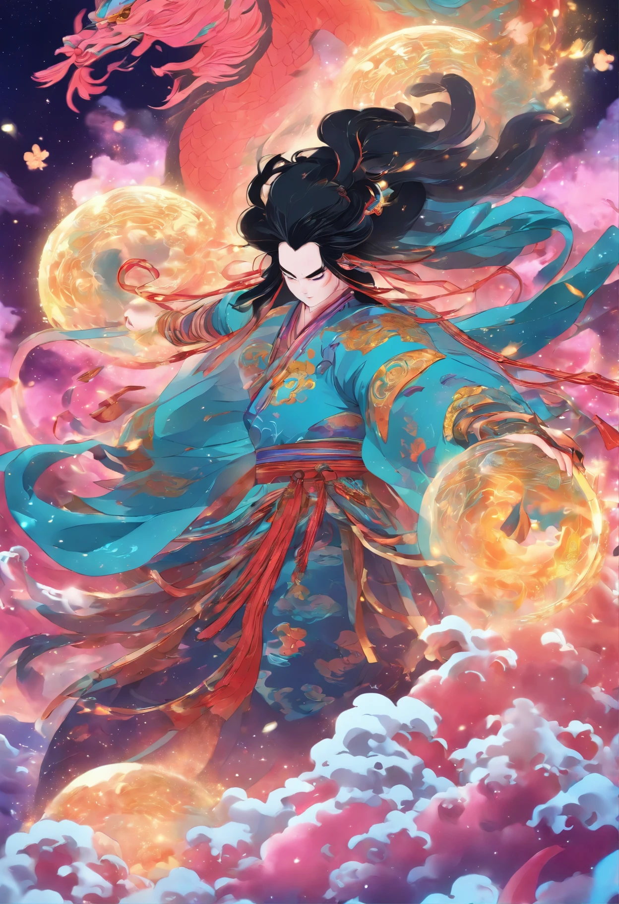 (((Chinese))) Best Quality, Ultra-High Resolution, 4K Detailed CG, Masterpiece, PANGU,Giant,Black Hair,Axe,Galaxies,Universe,Chinese Mythology, Chinese Painting Style, Shui mo Hua, Style Thangka,Aesthetics, Beautiful Image, Depth of Field, Centered on Screen