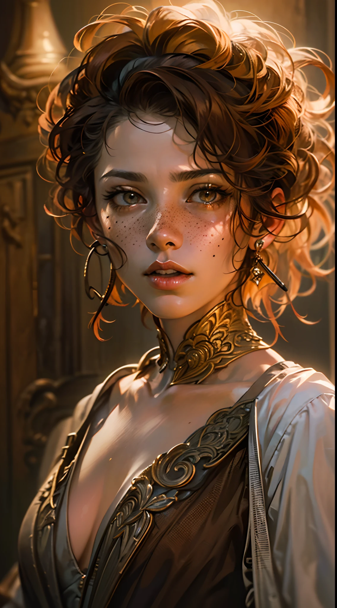 Detailed face features:1.3), (((mature woman))), standing wearing a flowing long dress, holding a sword, (face close-up photo, 16k, masterpiece, best quality: 1.2), (high detailed skin), (red short curly hair), ((brown eyes, freckles, detailed lips)), slim, automatic white balance, (ultra realism, hyper detailed and intricate realism: 1.3), (wide depth of field, radiant mapping: 1.2), High dynamic range, vivid, rich details, clear shadows and highlights, realistic, intense, enhanced contrast, Focus on the character, chaotic epic background, blur background,