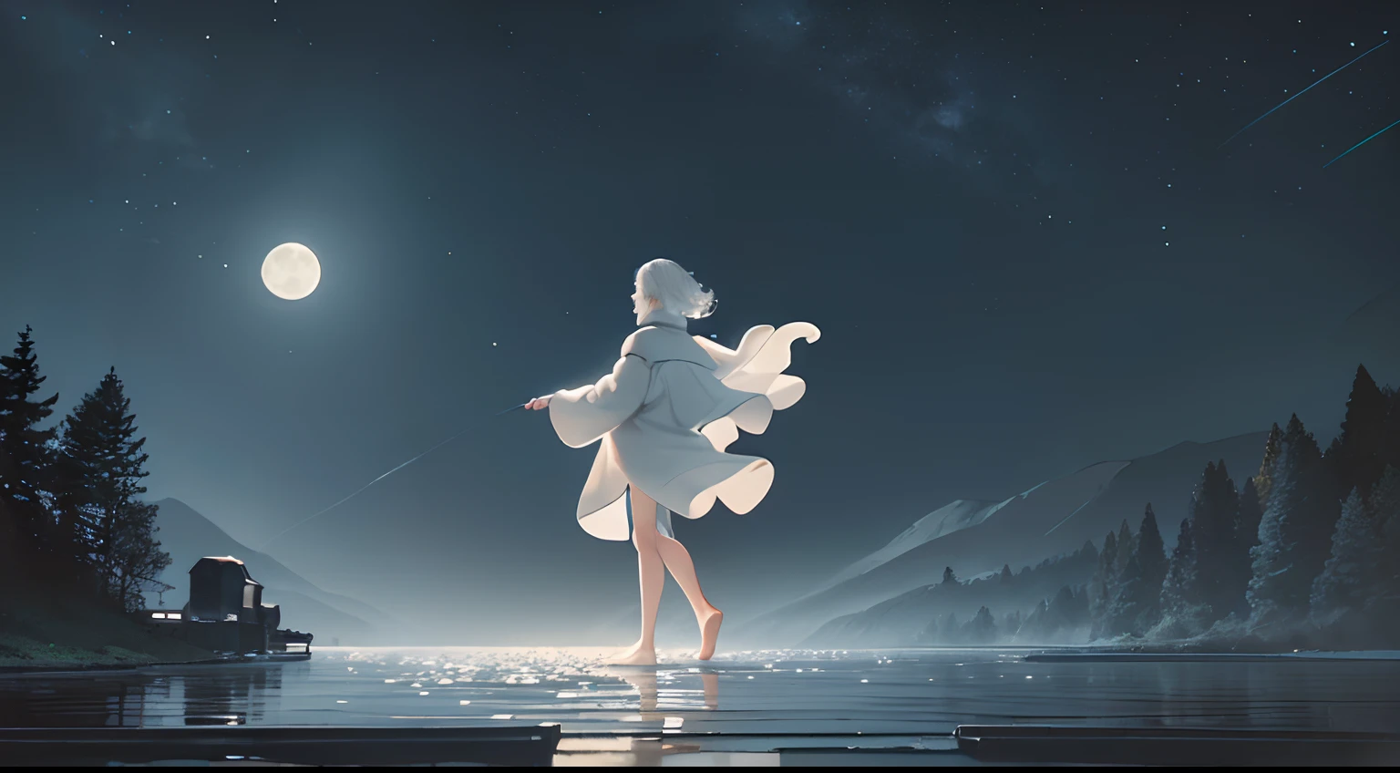 (Best Quality,4k,8K,hight resolution,Masterpiece:1.2),Night Landscape, Man in long clothes (White Color) and the dog walks on water, Walking on water, lake, Moonlight on the water, Giant Moon, magical light, bright stars