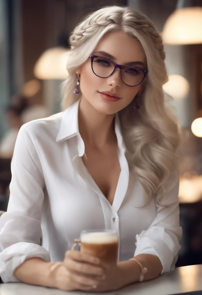 At best....., high-detail, master-piece, ultra-detail, (Realistic:1.2), 1girls, ( Cafe Background),, delicate eyes, silver-haired, purple eyes, Hair ornaments, (Clear Buttons White Tight Office Shirt:1.3),Hair length, light_ear, diadem_braid, expressionless, straight hair, (++ Seated: 1.2), large boobs,lifelike,soft colors,Wear glasses