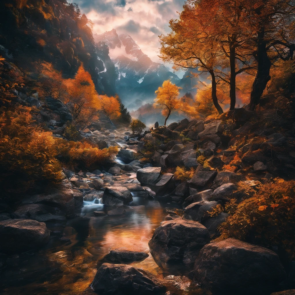 Magnificent view,Forest edge landscape photography Professional high-quality nature digital photography,(water flowing),Spring flowers bushes in the sunlight on a rainy day,precipice,Eau,Boulders,foggy sky,Traces of rain,Nightmare vision, Dark fantasy plot,Perfect and excellent composition,8K分辨率,the detail,Ultra-wide-angle distance shooting,background inside dark,Jack Guzman's environmental art photography,realisticlying,cinematic compositions,Volumetriclighting,A high resolution,vividness, A detailed, Stunning sky,Colorful clouds float,true to life, Pubic area is clear, flawless perfection, Digital SLR, 1024, 2048, 4096, A detailed, Sharp, best qualtiy, high qulity, absurderes,unmanned background,The is very detailed、Detailed lighting shadows,Trends on ArtStation、iintricate、high detal、dramatics、Midjourney Art(Volumetriclighting:1.2)hdr shot。(Faraway view,Super deep view,ultra-wide-angle,Microfocal length lens:1.2)(realisticlying:1.4)tmasterpiece、high high quality、Beautiful photography、globalillumination、