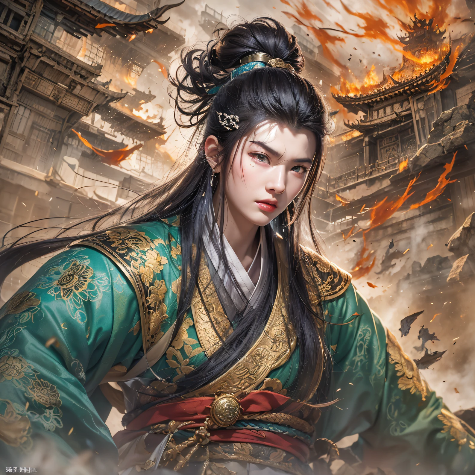 In order to obtain the oracle of fate, Demons invade the Aoba family，The leader of the demon clan personally went down to fight Ye Xingyun, But in the end, He was defeated by Ye Xingyun in one move, At the same time, King Qi, Jiang Shang, Come to Ningcheng，Finally recognized Ye Xingyun's father and son, And found that Ye Xingyun is a rare eight-vein missing constitution, This is extremely beneficial to cultivating the Jiang Family Ancestor Extreme Heavenly Dao Skill。。, But just when Ye Xingyun was taught by King Qi Xiuwei。，In terms of improving self-cultivation, The mysterious woman An Yun suddenly appeared, In order to get the Nine Heavens Goddess Diagram on Ye Xingyun's body。。。, She took it away with valve technology, but accidentally got involved in the grudge between the demon and Ye Xingyun。（Colorful ruins）Climb the streets（Armageddon）eyes filled with angry，He clenched his fists，Rush up，Deliver a fatal blow to your opponent，full bodyesbian，Full Body Male Mage 32K（tmasterpiece，Color Ultra HD）Long flowing black hair，Campsite size，zydink， The wounded lined up in the streets（Doomsday ruins）Climb the streets， The scene of the explosion（Doomsday ruins）， （Linen batik scarf）， Angry fighting stance， looking at the ground， Batik linen bandana， Chinese python pattern long-sleeved garment， rainbowing（Abstract propylene splash：1.2）， Dark clouds lightning background，Flour flies（realisticlying：1.4），Black color hair，Flour fluttering，rainbow background， A high resolution， the detail， RAW photogr， Sharp Re， Nikon D850 Film Stock Photo by Jefferies Lee 4 Kodak Portra 400 Camera F1.6 shots, Rich colors, ultra-realistic vivid textures, Dramatic lighting, Unreal Engine Art Station Trend, cinestir 800，Flowing black hair,（（（morningglow）））The wounded lined up in the streets（Color）Climb the streets，（Linen batik scarf）， Angry fighting stance， looking at the ground， Batik linen bandana， Chinese python pattern long-sleeved garment， （Abstract propylene splash：1.2）（（（dense smoke））），The male