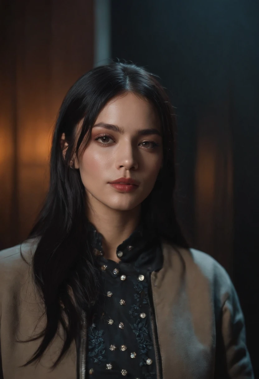 krisj alluring eyes,gun in hand,scared Travis Scott,long black hair,piercing gaze,cunning smile,high-fashion clothes,dark atmosphere,moody lighting,red color palette,masterpiece:1.2,shot in studio,high contrast,ultra-detailed,powerful emotions,dramatic composition,celebrity symbolism,suspenseful moment