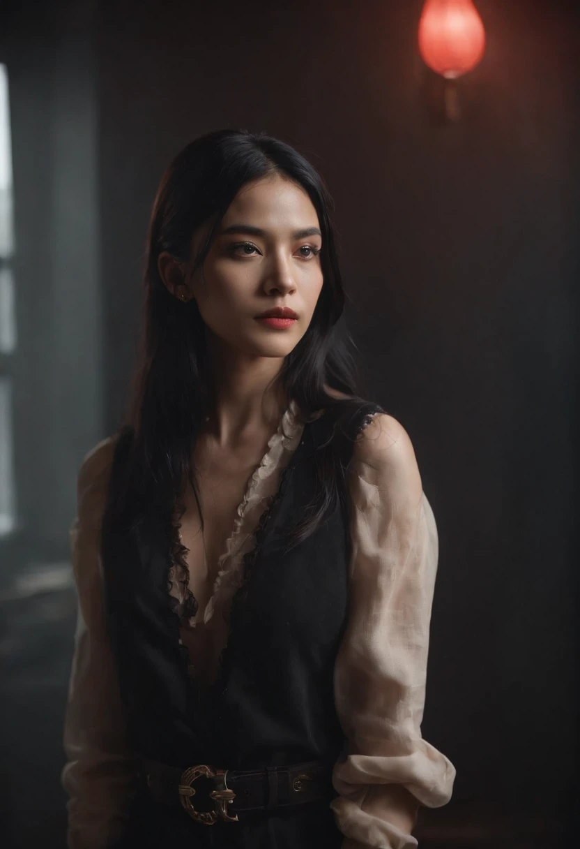 krisj alluring eyes,gun in hand,scared Travis Scott,long black hair,piercing gaze,cunning smile,high-fashion clothes,dark atmosphere,moody lighting,red color palette,masterpiece:1.2,shot in studio,high contrast,ultra-detailed,powerful emotions,dramatic composition,celebrity symbolism,suspenseful moment