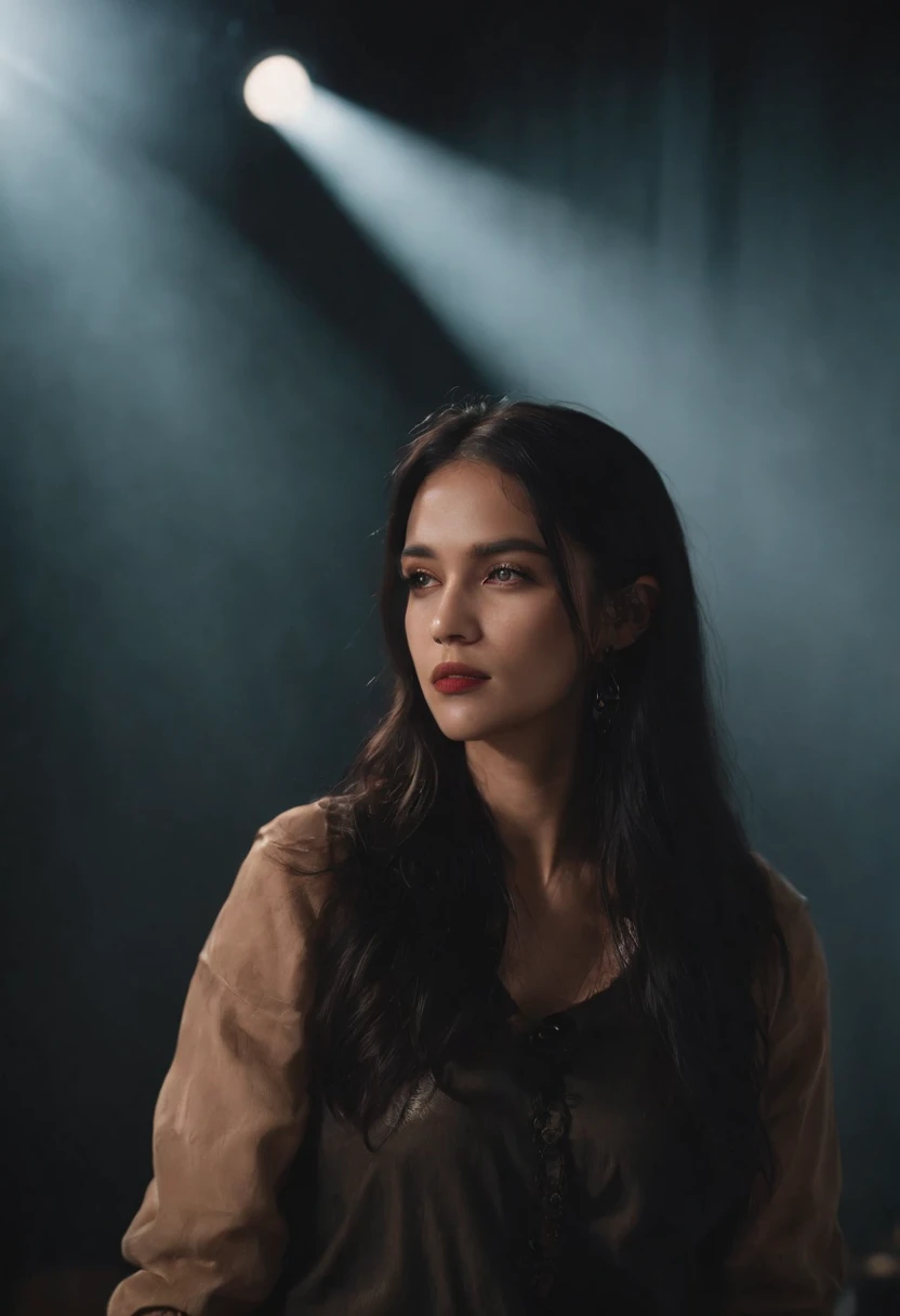 krisj alluring eyes,gun in hand,scared Travis Scott,long black hair,piercing gaze,cunning smile,high-fashion clothes,dark atmosphere,moody lighting,red color palette,masterpiece:1.2,shot in studio,high contrast,ultra-detailed,powerful emotions,dramatic composition,celebrity symbolism,suspenseful moment