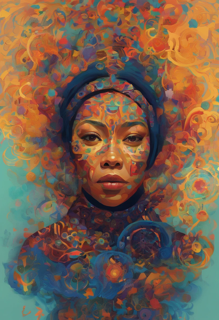a malay woman is covered with tiny people with various acting in black, in the style of detailed atmospheric portraits, indigo and bronze, made of all of the above, social media portraiture, intricately textured, fragmented, emotive expressions,