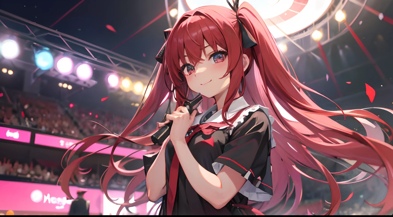 kawaii、1girl in、hiquality、((masterpiece))、Tet、KasaneTeto、Twindrill hair、Smile in public、at stage、red hairs、neat gray neat clothes