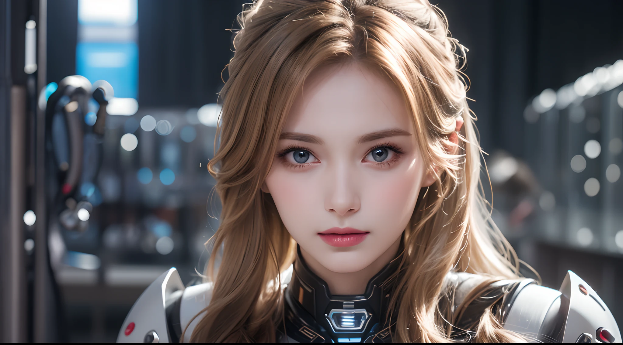 A close-up head and chest portrait of a pretty and cute woman, her chest adorned with pneumatic tubes that give her a unique and futuristic appearance. The highly detailed digital rendering captures every aspect of her beauty, from her delicate features to the intricate tubes.