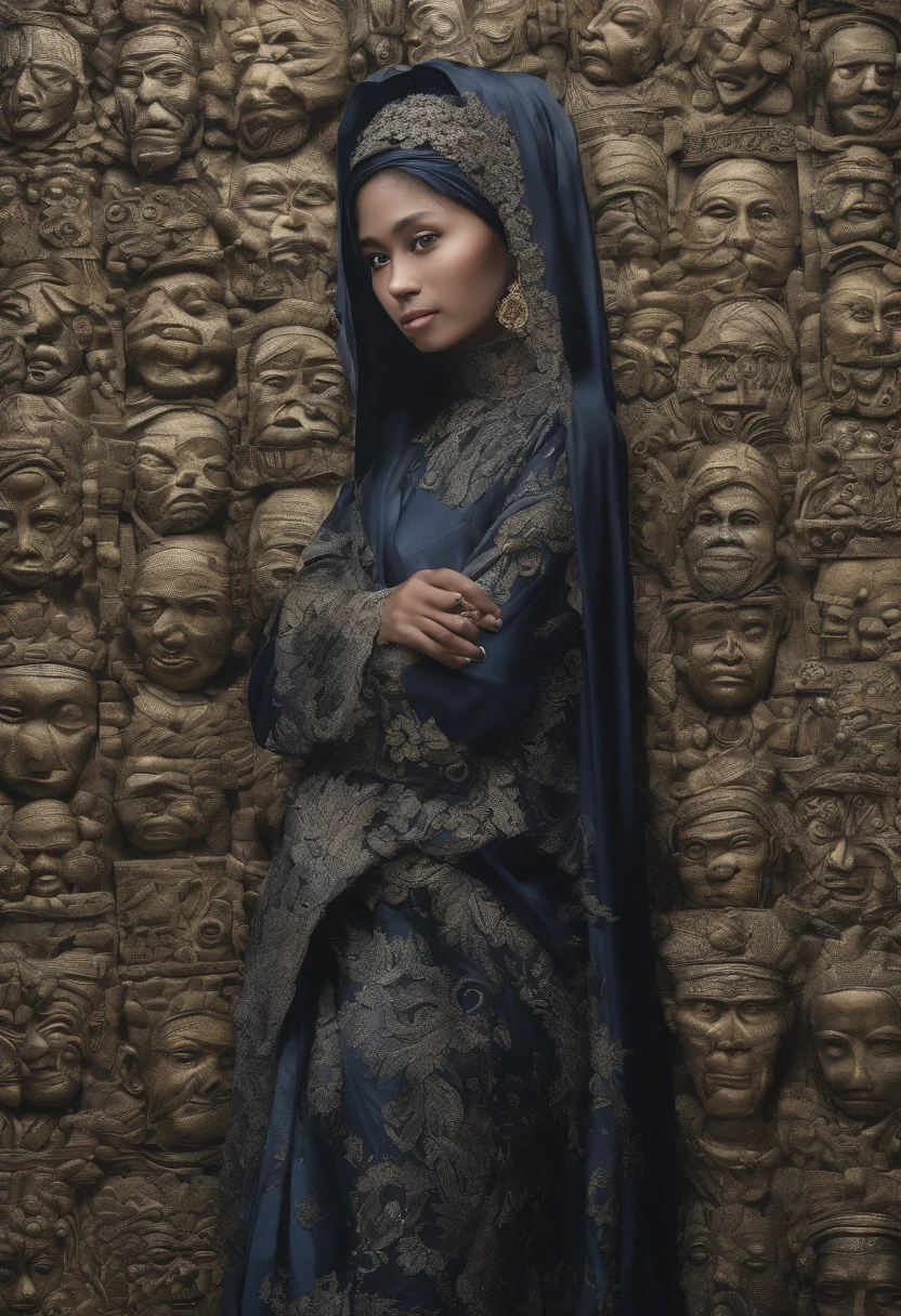 a malay woman is covered with tiny people with various acting in black, in the style of detailed atmospheric portraits, indigo and bronze, made of all of the above, social media portraiture, intricately textured, fragmented, emotive expressions,