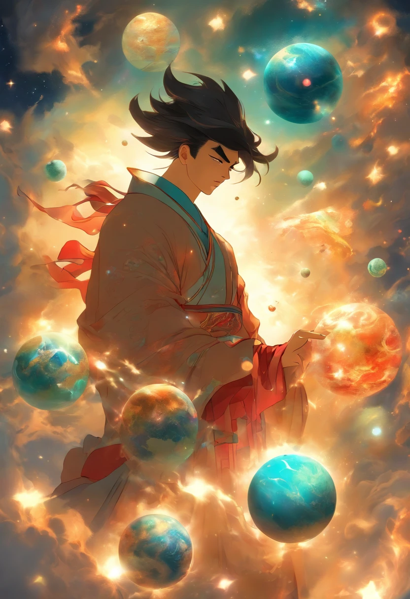 (((Chinese MAN holding planets))) Best Quality, Ultra-High Resolution, 4K Detailed CG, Masterpiece, PANGU,Giant,Black Hair,((planet on back)),Galaxies,Universe,Chinese Mythology, Style of Chinese Painting, Shui mo Hua, Thangka Style,Aesthetics, Beautiful Image, Depth of Field, Centered on Canvas