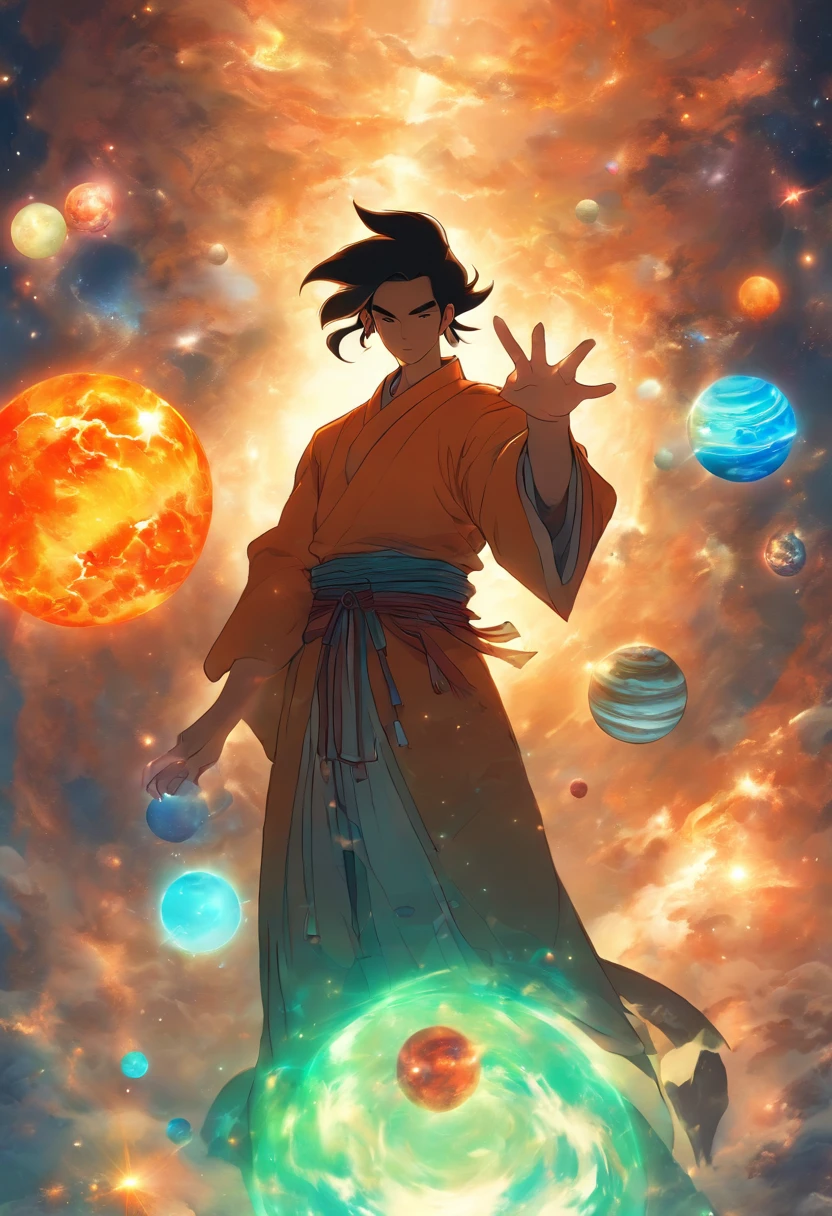 (((Chinese MAN holding planets))) Best Quality, Ultra-High Resolution, 4K Detailed CG, Masterpiece, PANGU,Giant,Black Hair,((planet on back)),Galaxies,Universe,Chinese Mythology, Style of Chinese Painting, Shui mo Hua, Thangka Style,Aesthetics, Beautiful Image, Depth of Field, Centered on Canvas