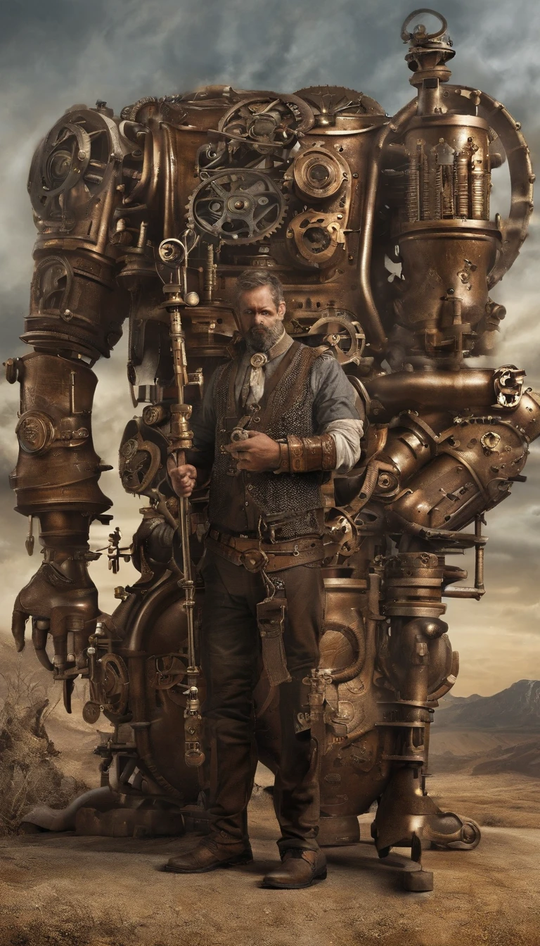 The man with a bow in his hand,Doomsday wasteland, Mechanical Wonder, Best quality, Ultra-detailed, Realistic, Sci-fi atmosphere, Dark and desolate landscape, Corrosive metals, abandoned ruins, contrasting textures, Gloomy color palette, Dramatic lighting, A high resolution.