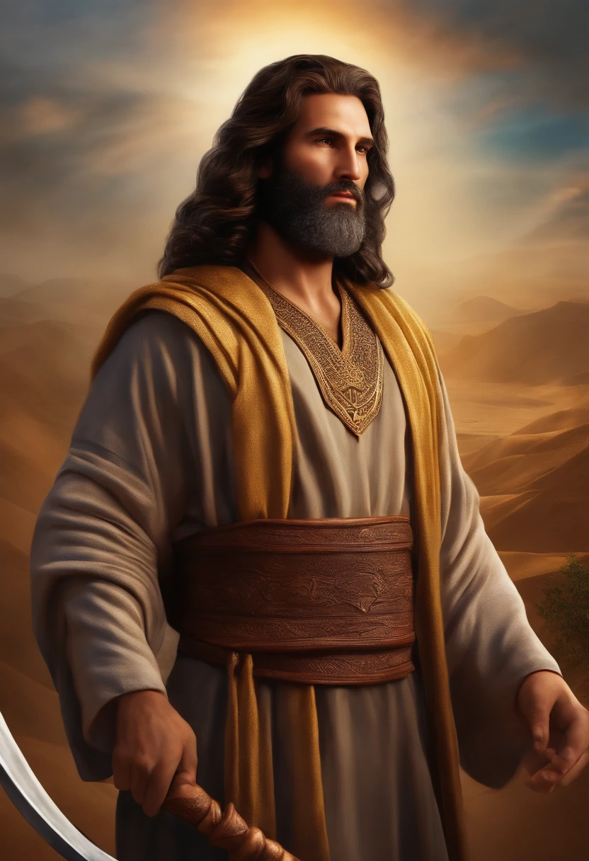 MOSES LIBERATOR OF ISRAEL, ADULT, LONG DARK BROWN HAIR, SHEPHERD'S CARD IN HAND,