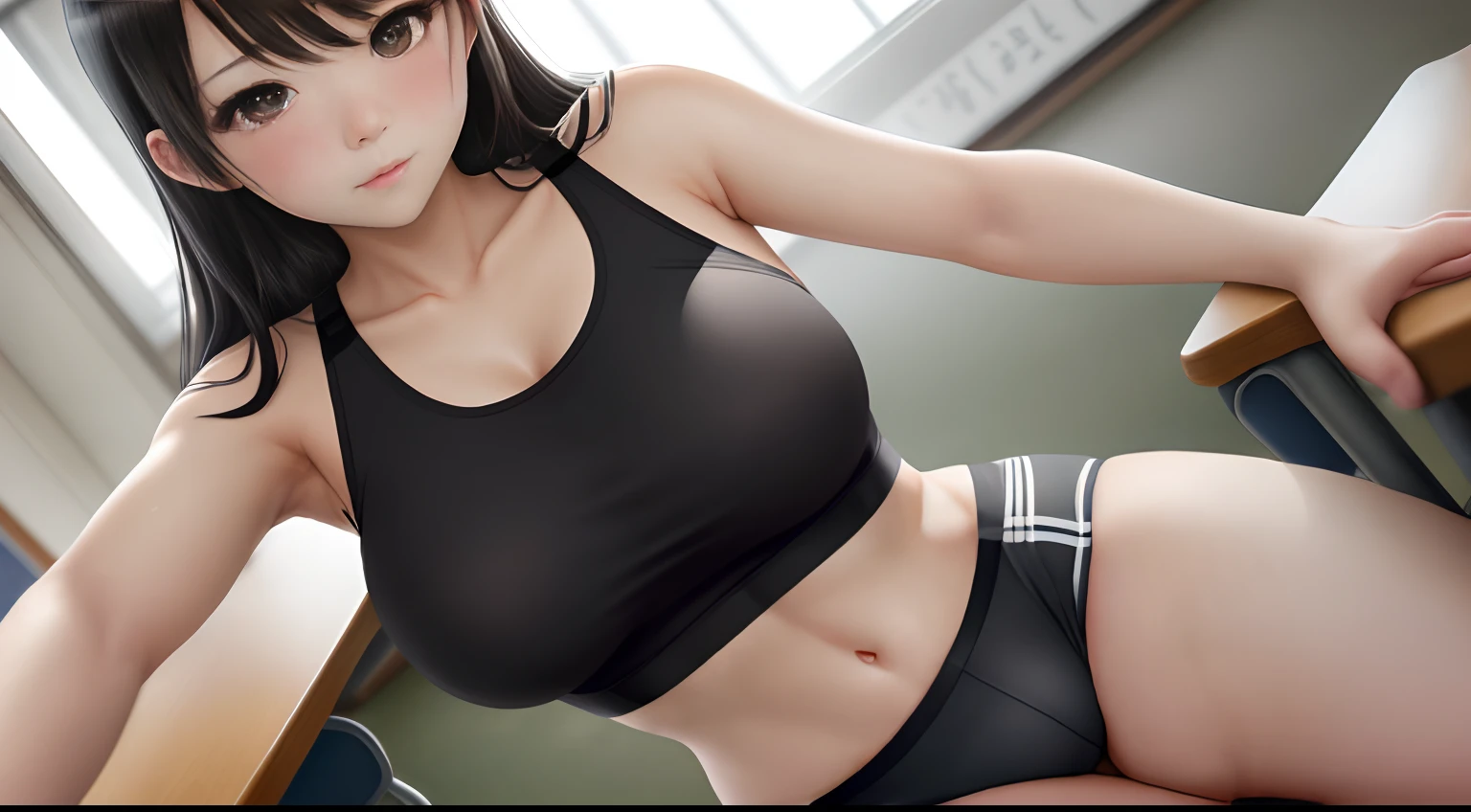 top-quality、1girl in、Black eyes、Moist eyes、Blushing、A dark-haired、爆乳、Big thighs、Large shin、Shoulder and armpit visible shirt、Black Sports Bra seen from the armpits、Very short hot pants、Sitting on a chair、Classroom、Right in front of you、Spreading legs、