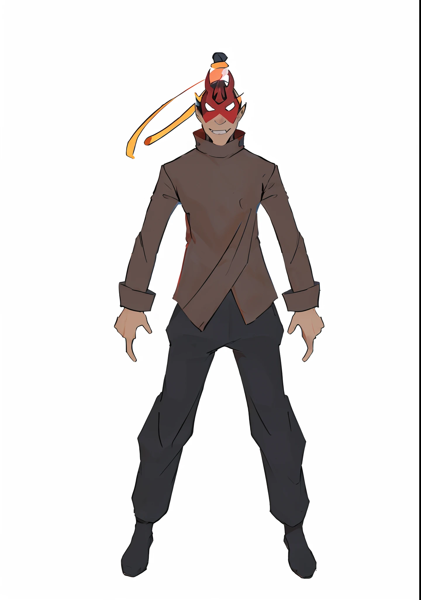 cartoon of a man in a brown jacket and black pants with a sword, full body devil man, villain wearing a red oni mask, anime character, human male demon, single character full body, anime style character, full body concept, full body savage devilman, evil standing smiling pose, full body with costume, male anime character, man male demon, kazuma kaneko