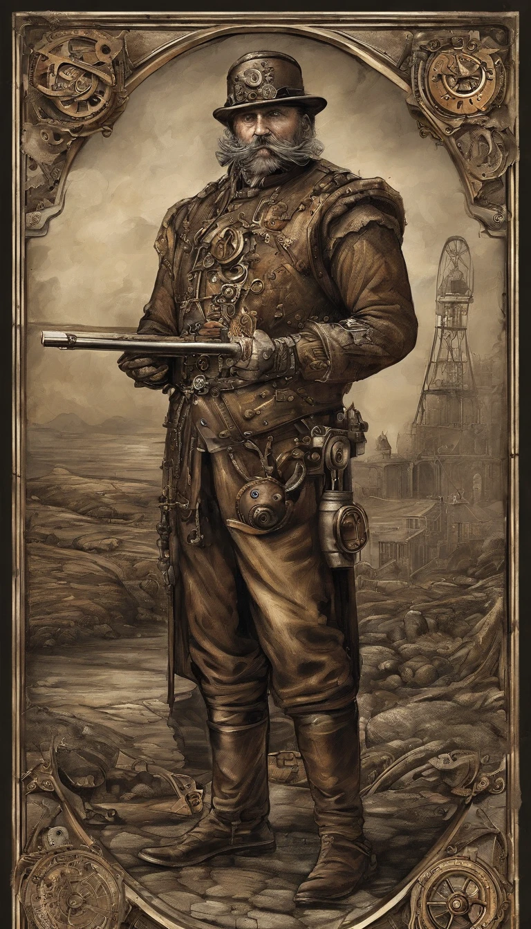 Man with bow in hand,Doomsday wasteland, Mechanical Wonder, Best quality, Ultra-detailed, Realistic, Sci-fi atmosphere, Dark and desolate landscape, Corrosive metals, abandoned ruins, contrasting textures, Gloomy color palette, Dramatic lighting, A high resolution.