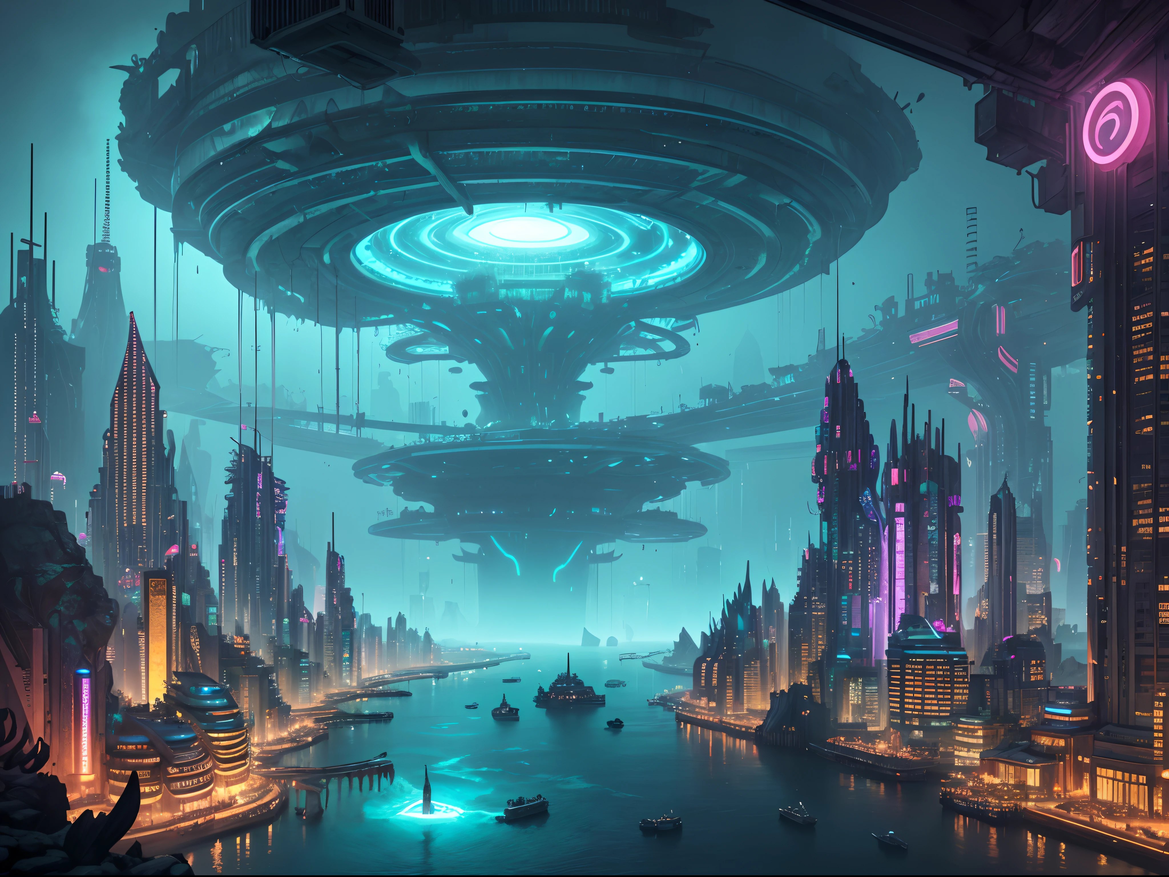 "(Underwater_City),Descend into a submerged metropolis, where the city's architecture is a fusion of sleek cybernetics and decaying ruins. The water's currents carry whispers of a forgotten past, while the neon lights and holographic projections hint at a vibrant future. This is a cyberpunk city, forever trapped beneath the waves."