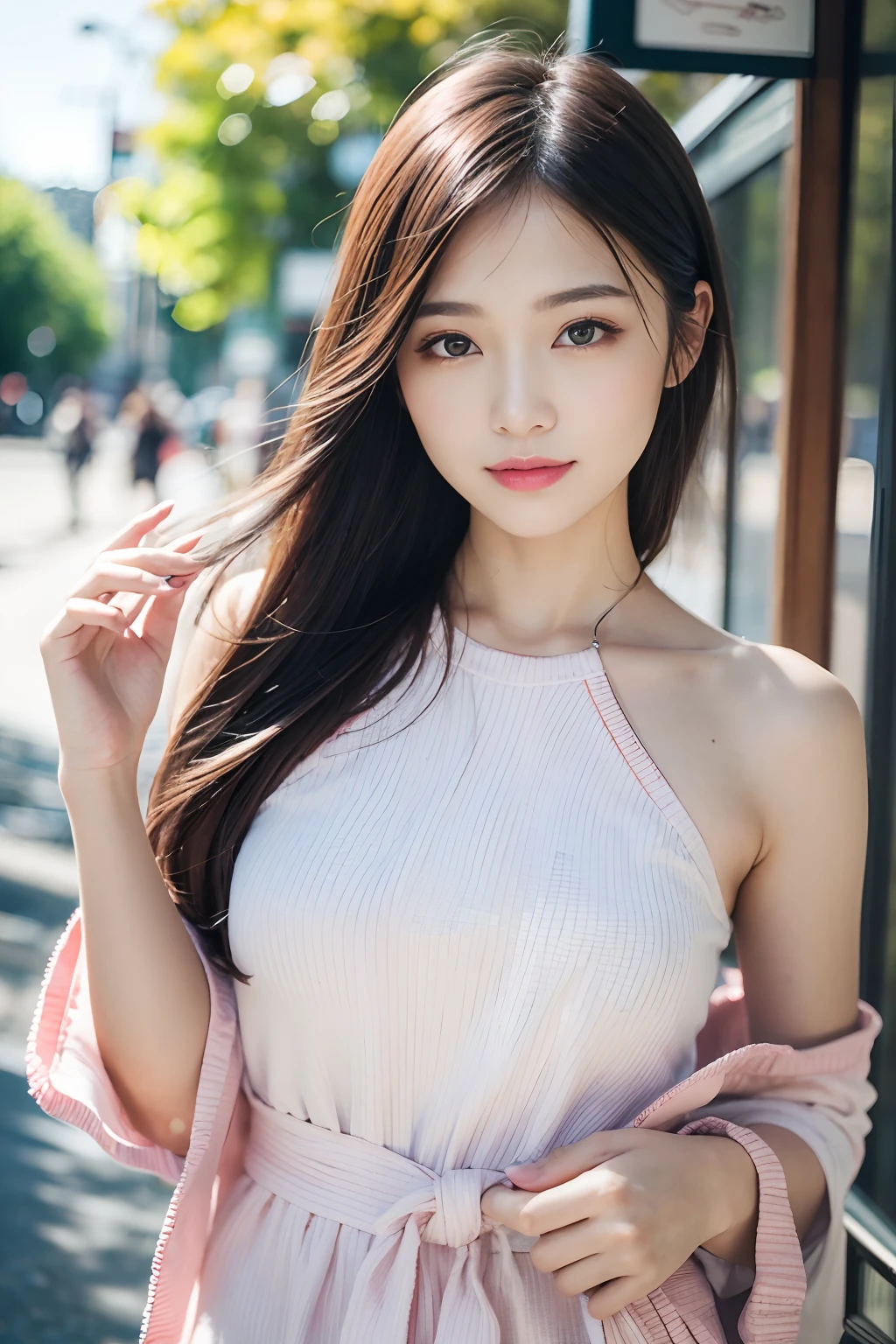 (8k, Best Quality, Masterpiece:1.2), (Realistic, Photorealistic:1.37), Ultra Detail, 1 Girl,Cute,Solo, Portrait, street photography, natural light, bokeh, Chinese beauty, long silky hair, chic and comfortable, casual clothing, Beautiful Detailed Sky,Date,(Blush),(Smile:1.15),Beautiful Detailed Eyes,(Long Hair: 1.2),Floating Hair NovaFrogStyle