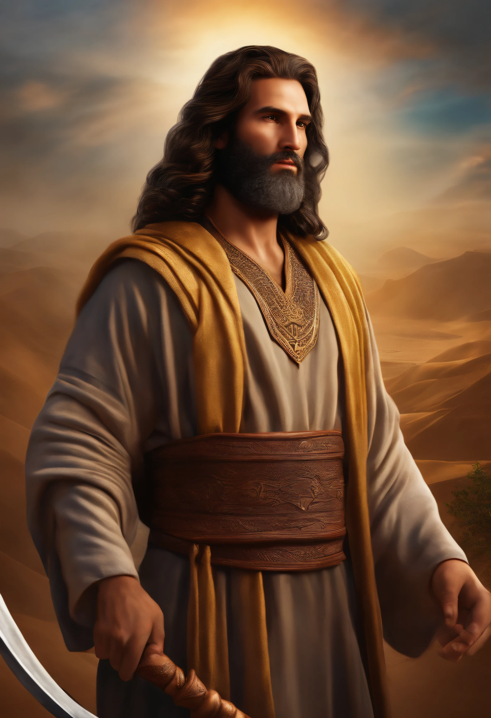 MOSES LIBERATOR OF ISRAEL, ADULT, LONG DARK BROWN HAIR, SHEPHERD'S CARD IN HAND,