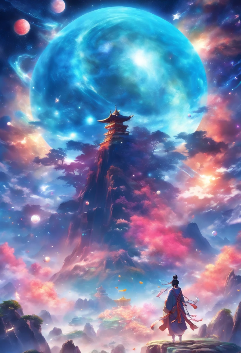 (((Planet on the Back))) Best Quality, Ultra-High Resolution, 4K Detailed CG, Masterpiece, PANGU,Giant,Black Hair,((Chinese MAN holding planets)),Galaxies,Universe,Chinese Mythology, Style of Chinese Painting, Shui mo Hua, Thangka Style,Aesthetics, Beautiful Image, Depth of Field, Centered on Canvas