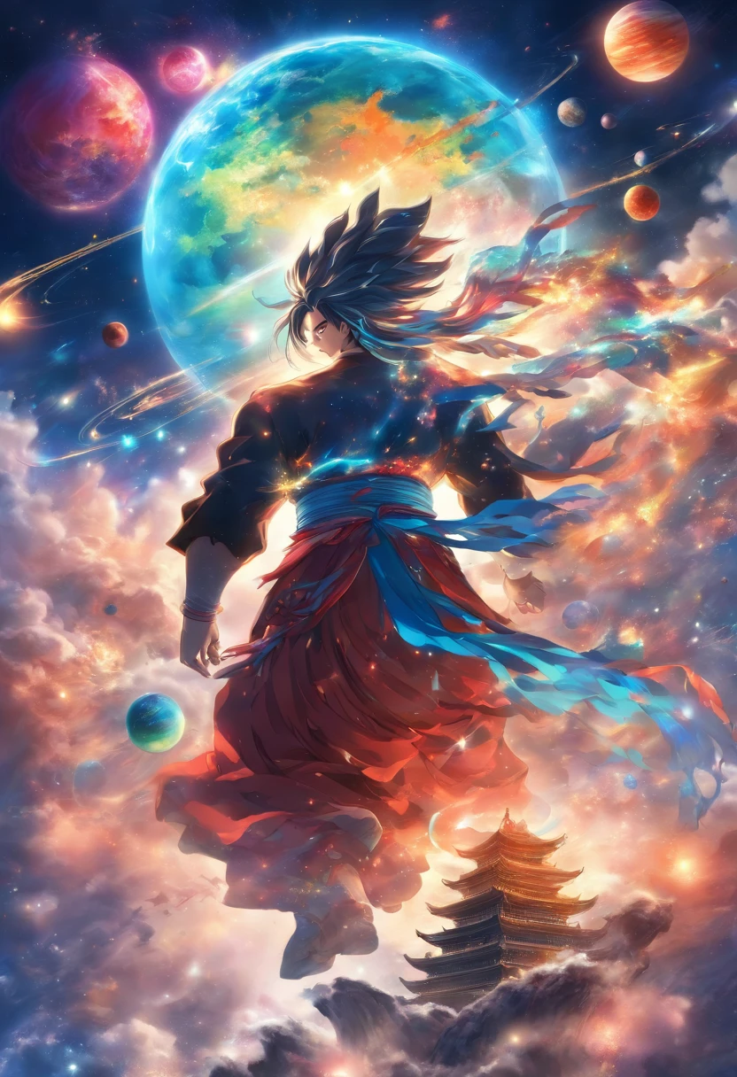 (((Planet on the Back))) Best Quality, Ultra-High Resolution, 4K Detailed CG, Masterpiece, PANGU,Giant,Black Hair,((Chinese MAN holding planets)),Galaxies,Universe,Chinese Mythology, Style of Chinese Painting, Shui mo Hua, Thangka Style,Aesthetics, Beautiful Image, Depth of Field, Centered on Canvas