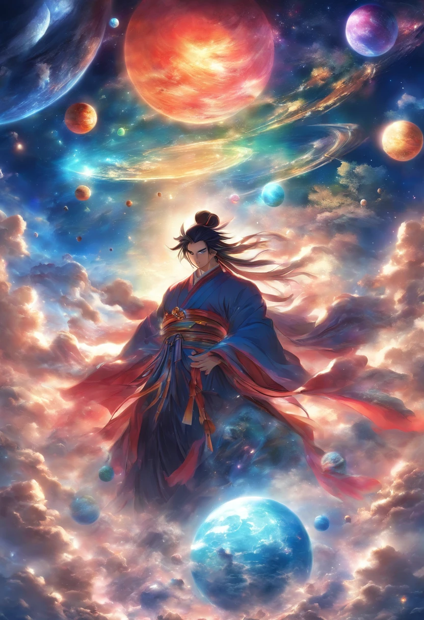 (((Planet on the Back))) Best Quality, Ultra-High Resolution, 4K Detailed CG, Masterpiece, PANGU,Giant,Black Hair,((Chinese MAN holding planets)),Galaxies,Universe,Chinese Mythology, Style of Chinese Painting, Shui mo Hua, Thangka Style,Aesthetics, Beautiful Image, Depth of Field, Centered on Canvas