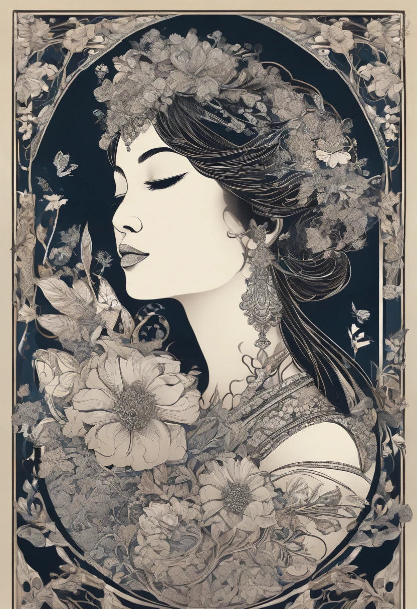 a malay woman is covered with tiny people with various acting in black, in the style of detailed atmospheric portraits, indigo and bronze, made of all of the above, social media portraiture, intricately textured, fragmented, emotive expressions,