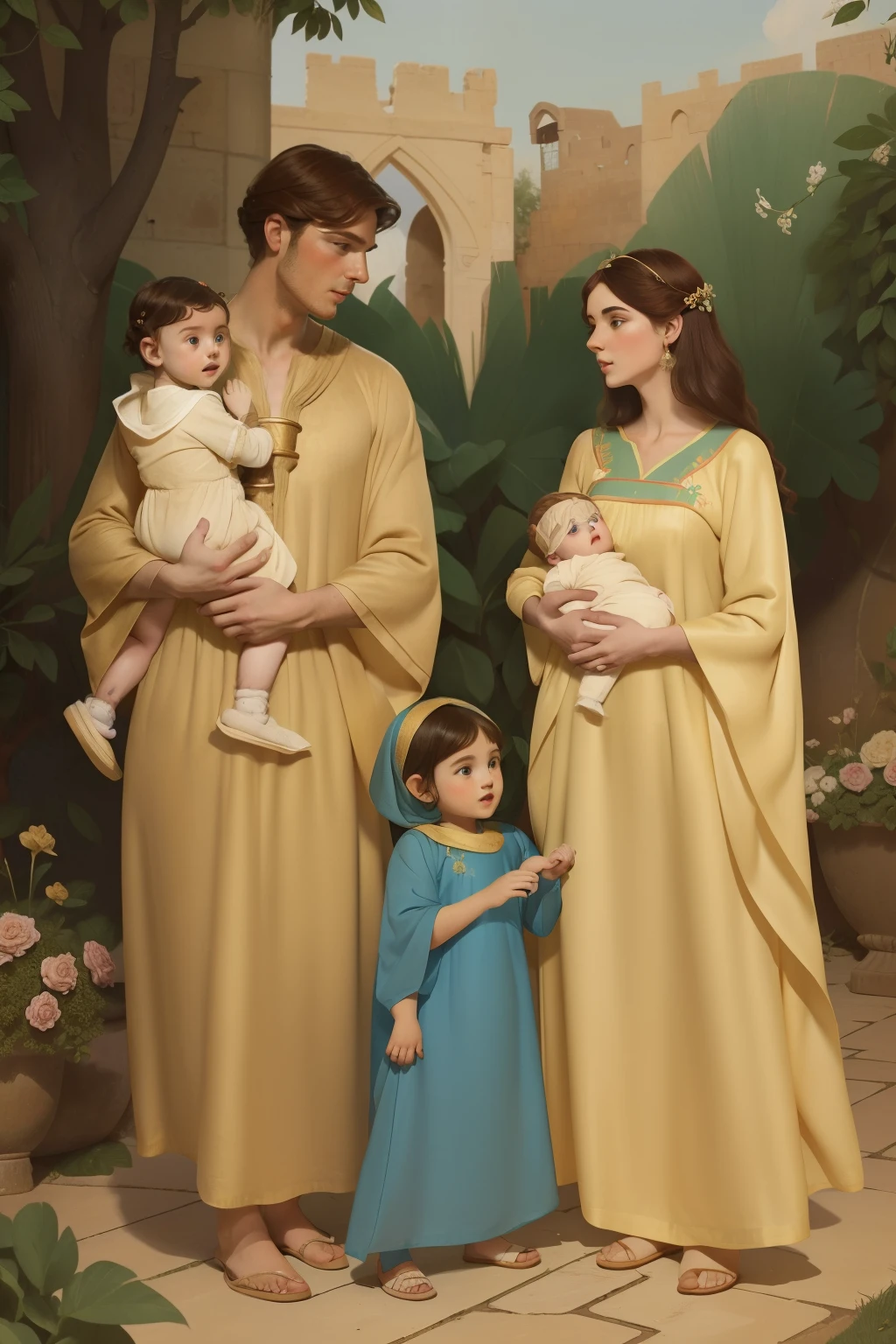 Year: 11th century. Location: Ispahan. Pre-raphaelite scene with a 25-year-old english man, with his wife and ((two baby sons)), holding two ((babies)), baby boys, garden, ((first steps)), love and joy, ((((11th century plain caftan)))) ((11th century hairstyle)), (((cinematic style)))