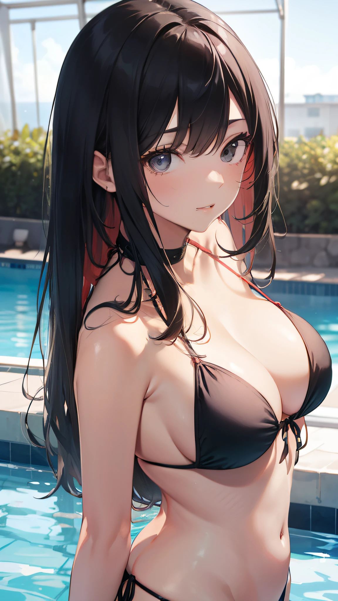 masterpiece, best quality, ultra-detailed, realistic, poolside, 1girl, black hair, long hair, straight hair, black eyes, younger, string bikini,
