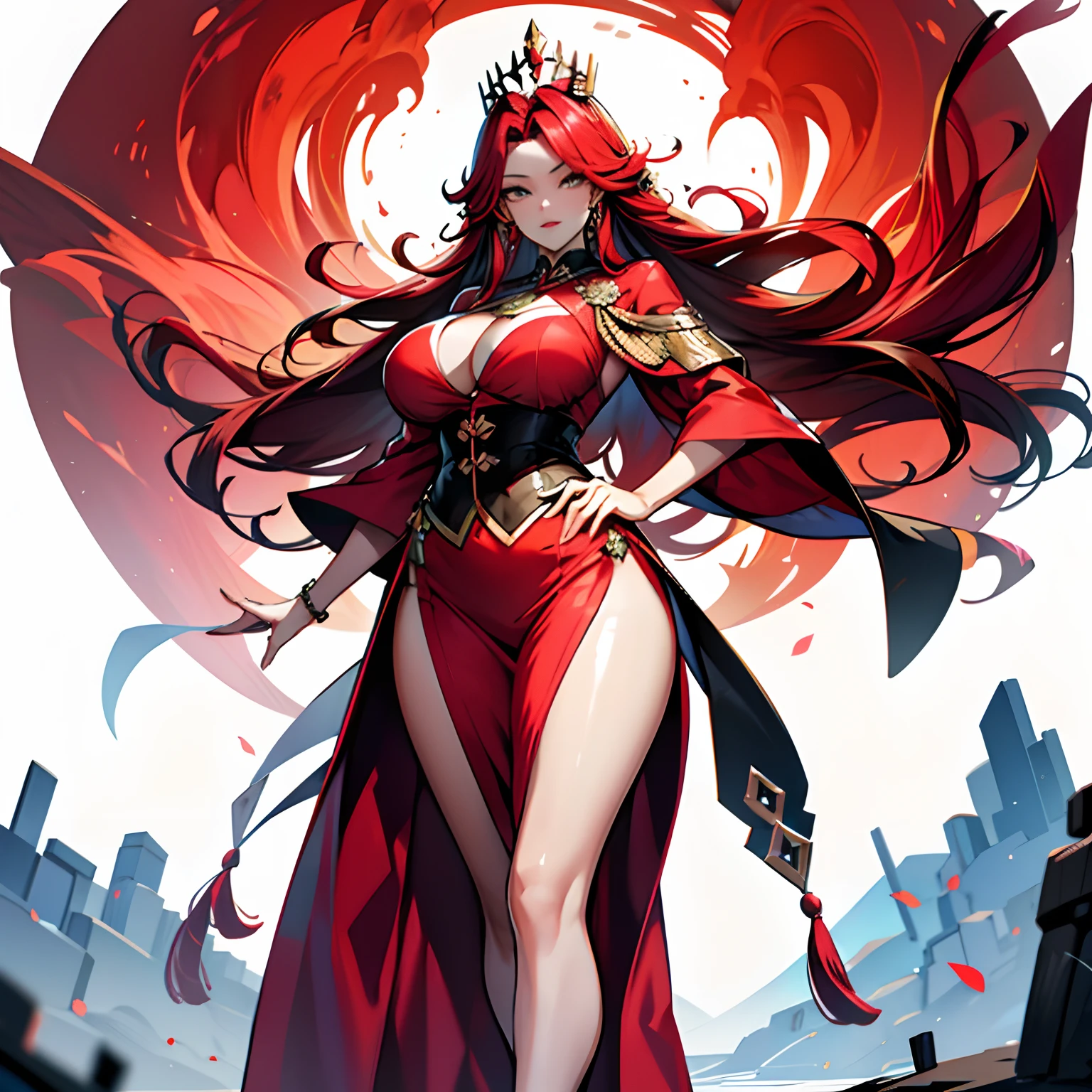 Meet her at the foot of the mountain,She has a cold and elegant appearance。。。。。,One royal sister,Pure red phoenix pattern clothes red long hair,High meat,Sexy and hot,Plump breasts stand up,gigantic cleavage breasts,Large areas of milk meat are exposed,Attractive,a pair of long, Well-proportioned legs exposed under slit skirts,The skirt is short。