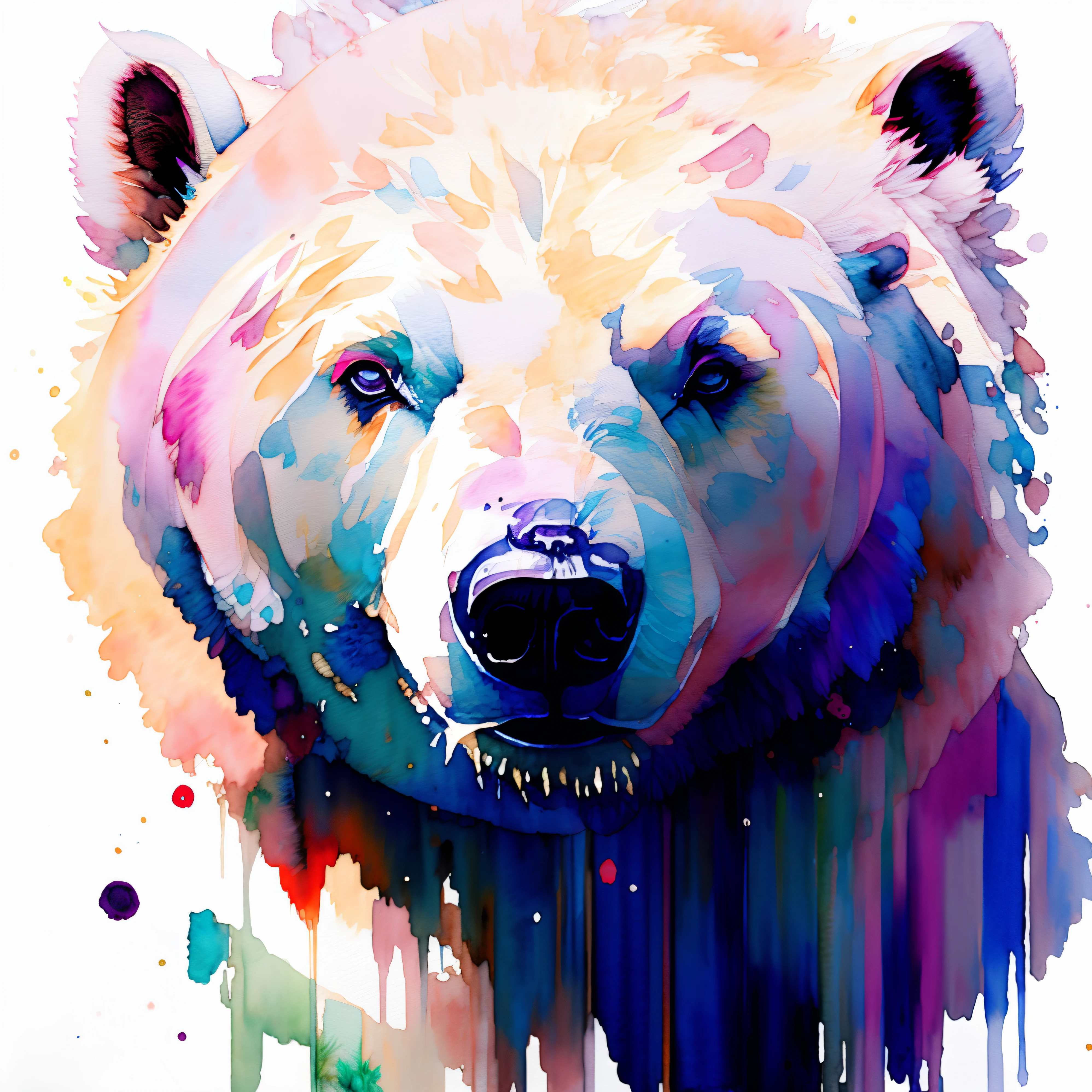 wtrcolor style, Digital art of (polar bear character), official art, frontal, masterpiece, Beautiful, ((watercolor)), face paint, paint splatter, intricate details. Highly detailed, detailed eyes, [dripping:0.5], Trending on artstation, by Rachel Walker,