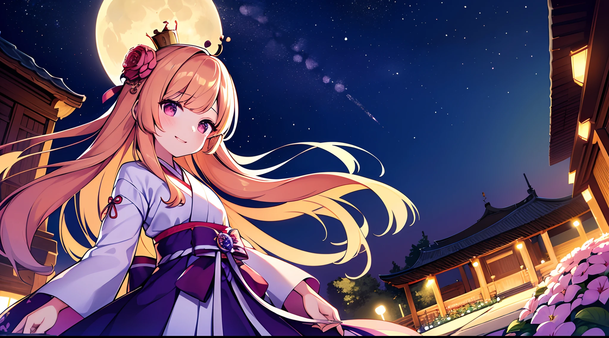 best quality, high_resolution, distinct_image, detailed background ,girl, hanbok,flower,garden,moon, night,dutch angle, wide shot, crown,