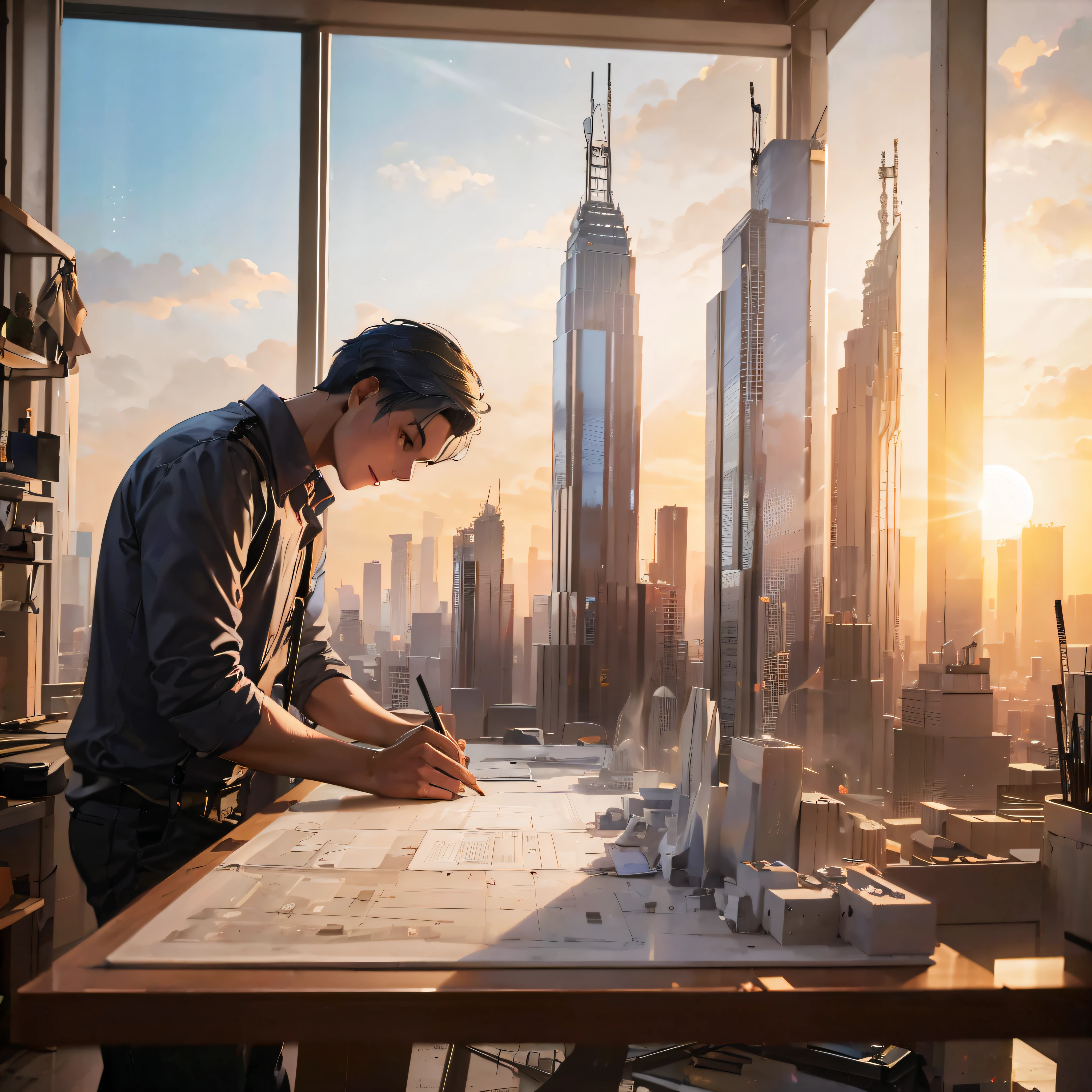 a boy architect working on a skyscraper, detailed cityscape, construction site, modern design, blueprints, drafting table, hard hat, safety harness, crane in the background, busy workers, glass facade, steel beams, concrete structure, sunlight filtering through the windows, vibrant atmosphere, realistic and high-resolution image, professional rendering, vivid colors, dramatic lighting.
