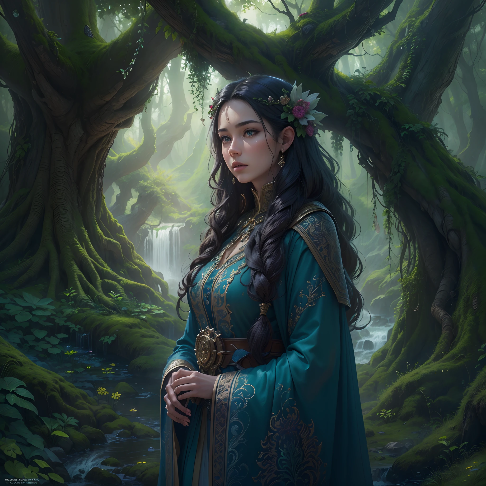 high details, best quality, 8k, [ultra detailed], masterpiece, best quality, (extremely detailed), dynamic angle, ultra wide shot, photorealistic, fantasy art, dnd art, rpg art, realistic art, an ultra wide picture of druid grove in a fantasy forest and its druid warden observing all, a fantasy forest (intricate details, Masterpiece, best quality: 1.5), many trees, a stream of water (intricate details, Masterpiece, best quality: 1.5), waterfall (intricate details, Masterpiece, best quality: 1.5), human female druid, full body (intricate details, Masterpiece, best quality: 1.5), exquisite beautiful woman druid (intricate details, Masterpiece, best quality: 1.5), ultra detailed face (intricate details, Masterpiece, best quality: 1.5), black hair, long hair, wavy hair (intricate details, Masterpiece, best quality: 1.5),, dynamic eyes color, fair skin, wearing blue cloak (intricate details, Masterpiece, best quality: 1.5), green robe (intricate details, Masterpiece, best quality: 1.5), cinematic light, pastoral atmosphere, divine light, gods rays,