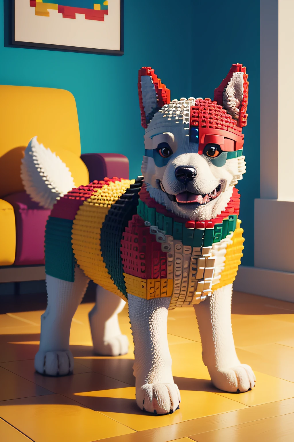 an illustration of a dog made of Lego blocks. The dog is represented in a playful and colorful way, with details that highlight its friendly and playful appearance. The illustration is set in a home environment, posiblemente dentro de una casa, lo que sugiere que el perro Lego es una mascota en el hogar.