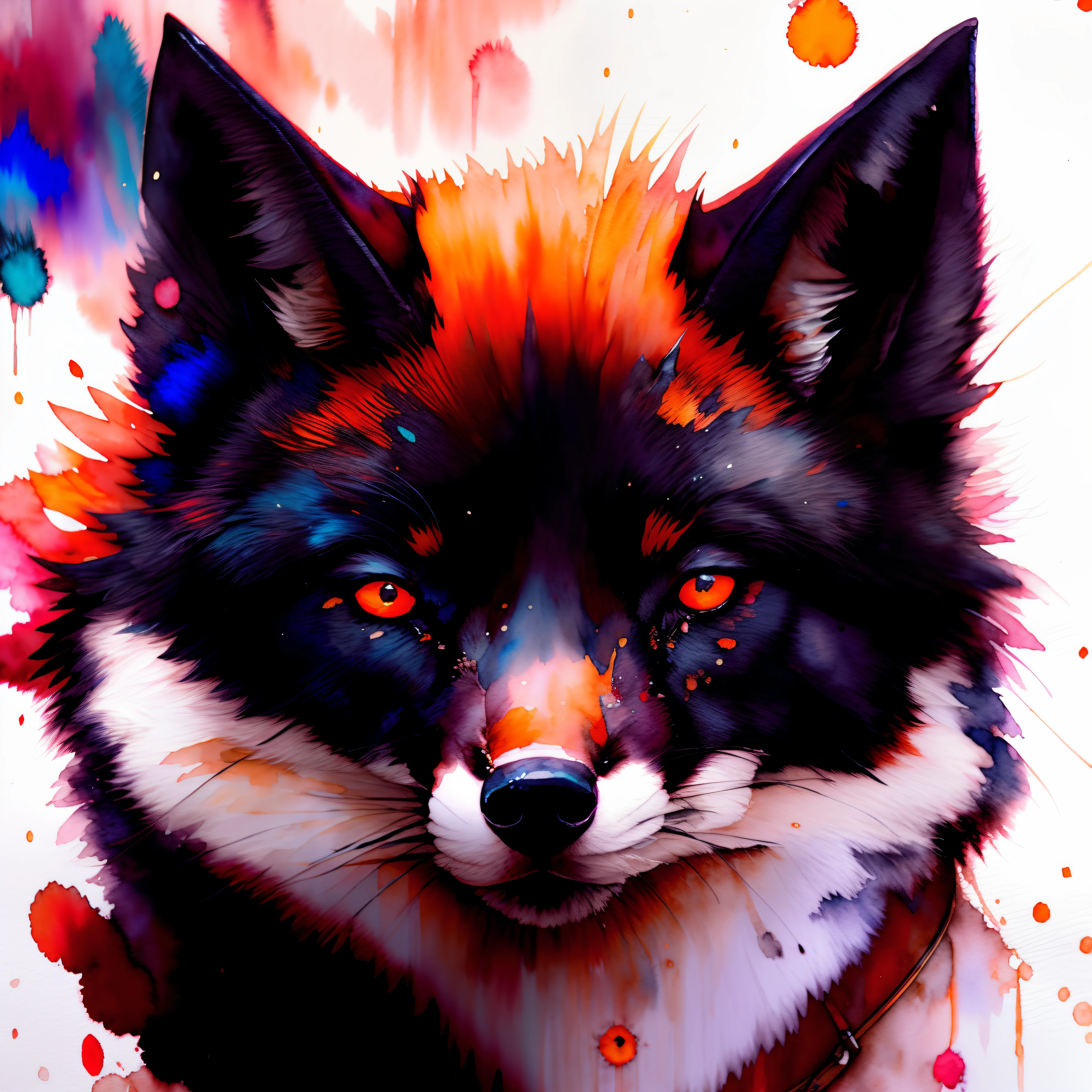 wtrcolor style, Digital art of (black fox character), official art, frontal, masterpiece, Beautiful, ((watercolor)), face paint, paint splatter, intricate details. Highly detailed, detailed eyes, [dripping:0.5], Trending on artstation, by Rachel Walker,