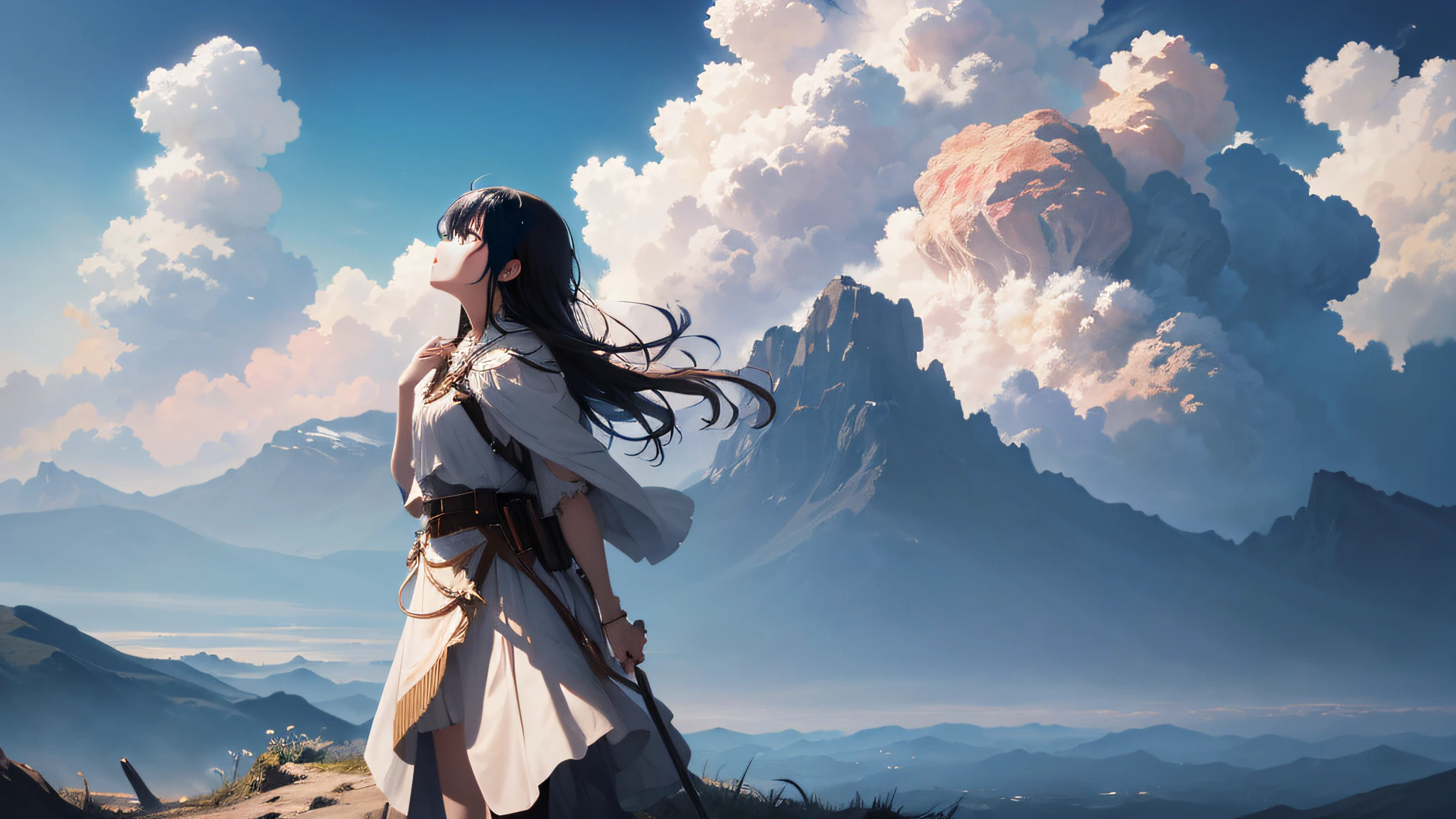 absurdres, highres, (official art, beautiful and aesthetic:1.2), close view,
shining sky, vast world, girl, gazing, awe-inspiring expression, distant horizon, clouds, high hill, natural beauty, inspiration, light effects,