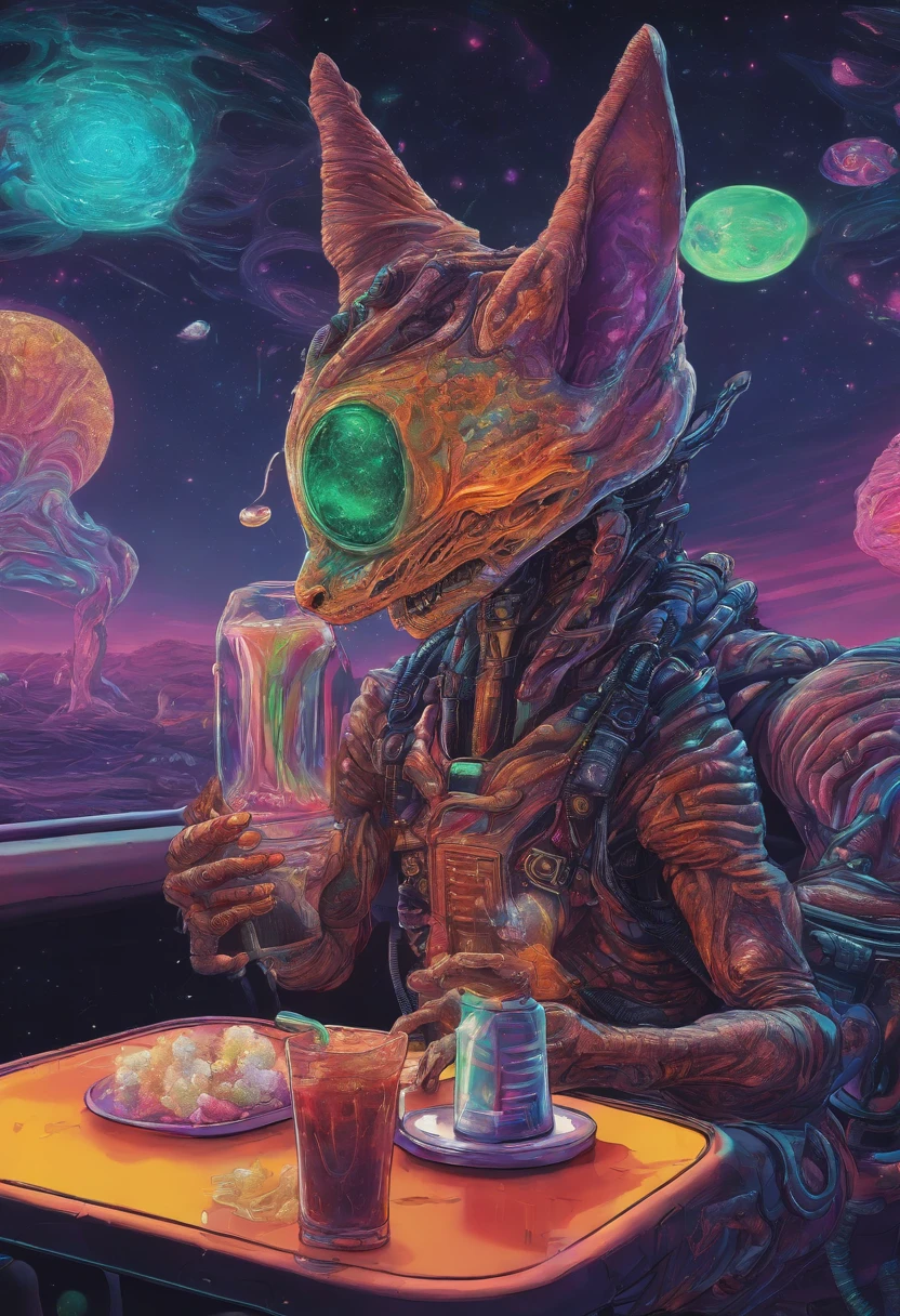 A prehistoric cat stuck in a psychedelic quantum realm, next to a realistic artist drinking a frappe --auto
