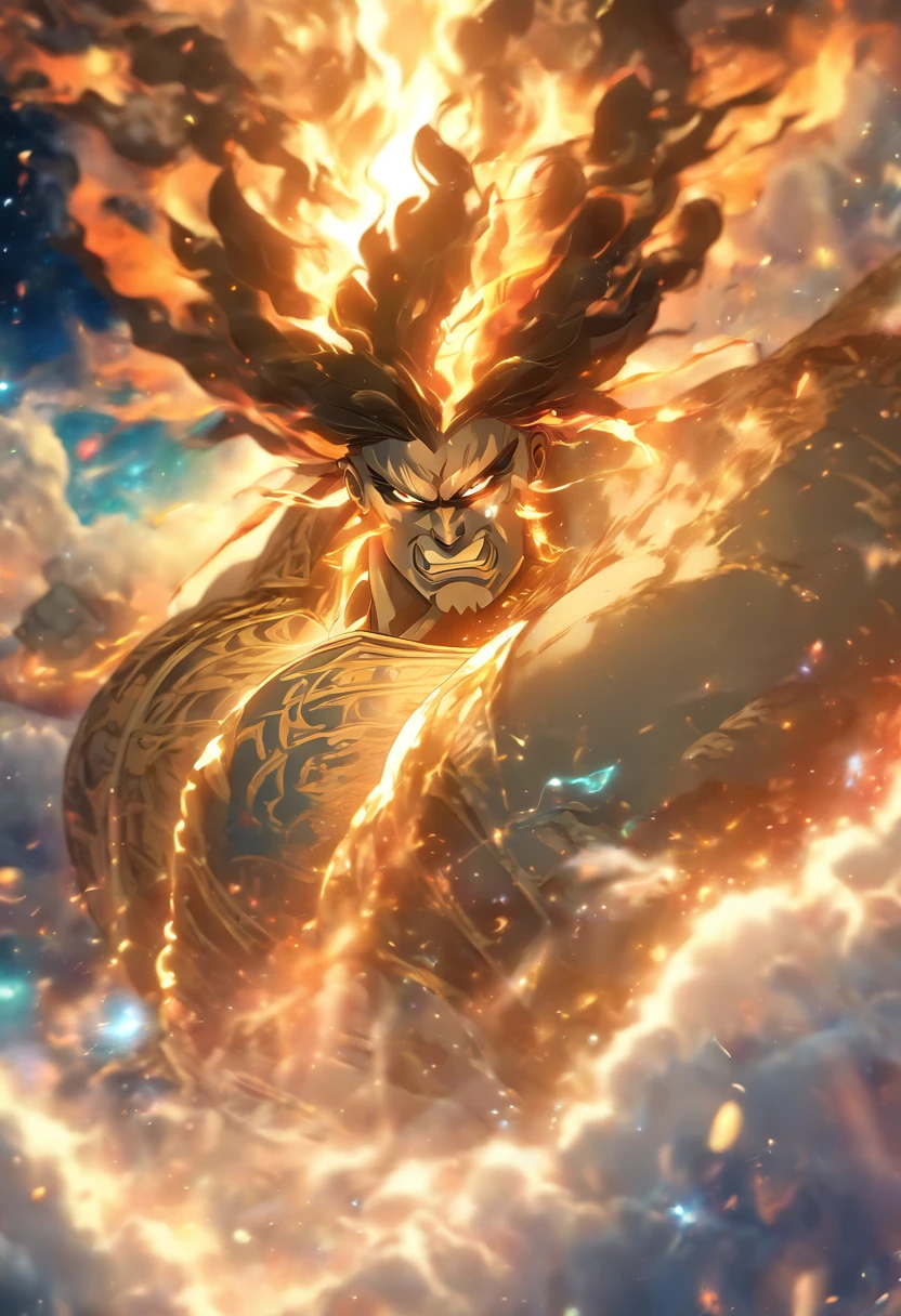 (((Titan Atlas))) Best Quality, Ultra-High Resolution, 4K Detailed CG, Masterpiece, PANGU,Giant,Black Hair,((Chinese MAN)),Galaxies,Universe,Chinese Mythology, Chinese Painting Style , Shui mo Hua, Thangka Style,Aesthetics, Beautiful Image, Depth of Field, Centered on Screen