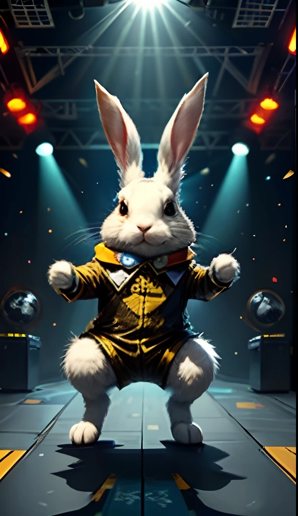 Rabbit dance rock on dance floor background, Underground Dance Club,tmasterpiece, hightquality, best qualtiy,Rock Ballroom,Stylish Rabbit DJ,Rabbit wears puncture headphones,Rabbit wearing a rock costume,K HD,8K