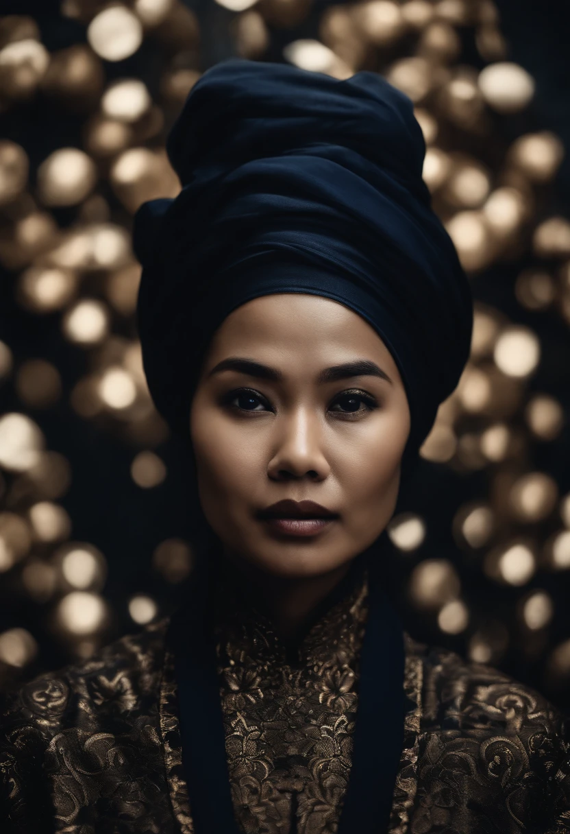 a malay woman is covered with tiny people with various acting in black, in the style of detailed atmospheric portraits, indigo and bronze, made of all of the above, social media portraiture, intricately textured, fragmented, emotive expressions,