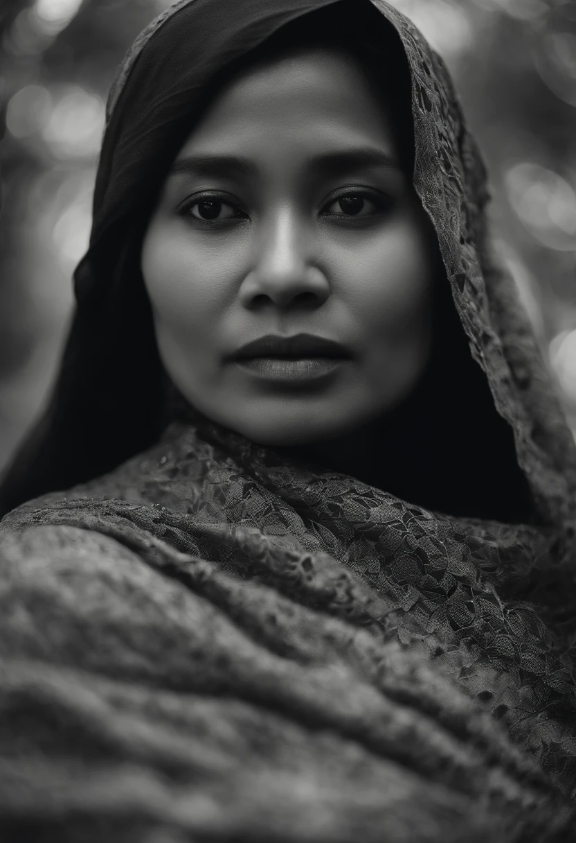 a malay woman is covered with tiny people with various acting in black, in the style of detailed atmospheric portraits, indigo and bronze, made of all of the above, social media portraiture, intricately textured, fragmented, emotive expressions,