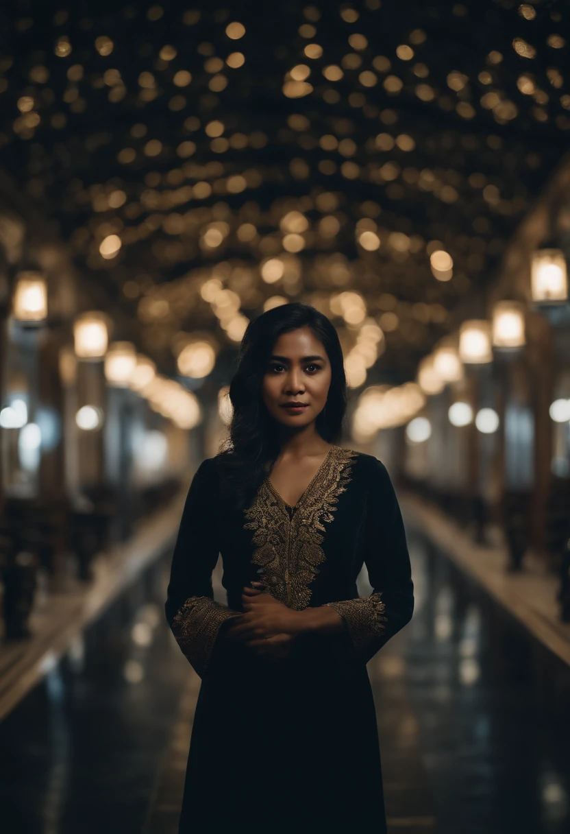 a malay woman is covered with tiny people with various acting in black, in the style of detailed atmospheric portraits, indigo and bronze, made of all of the above, social media portraiture, intricately textured, fragmented, emotive expressions,