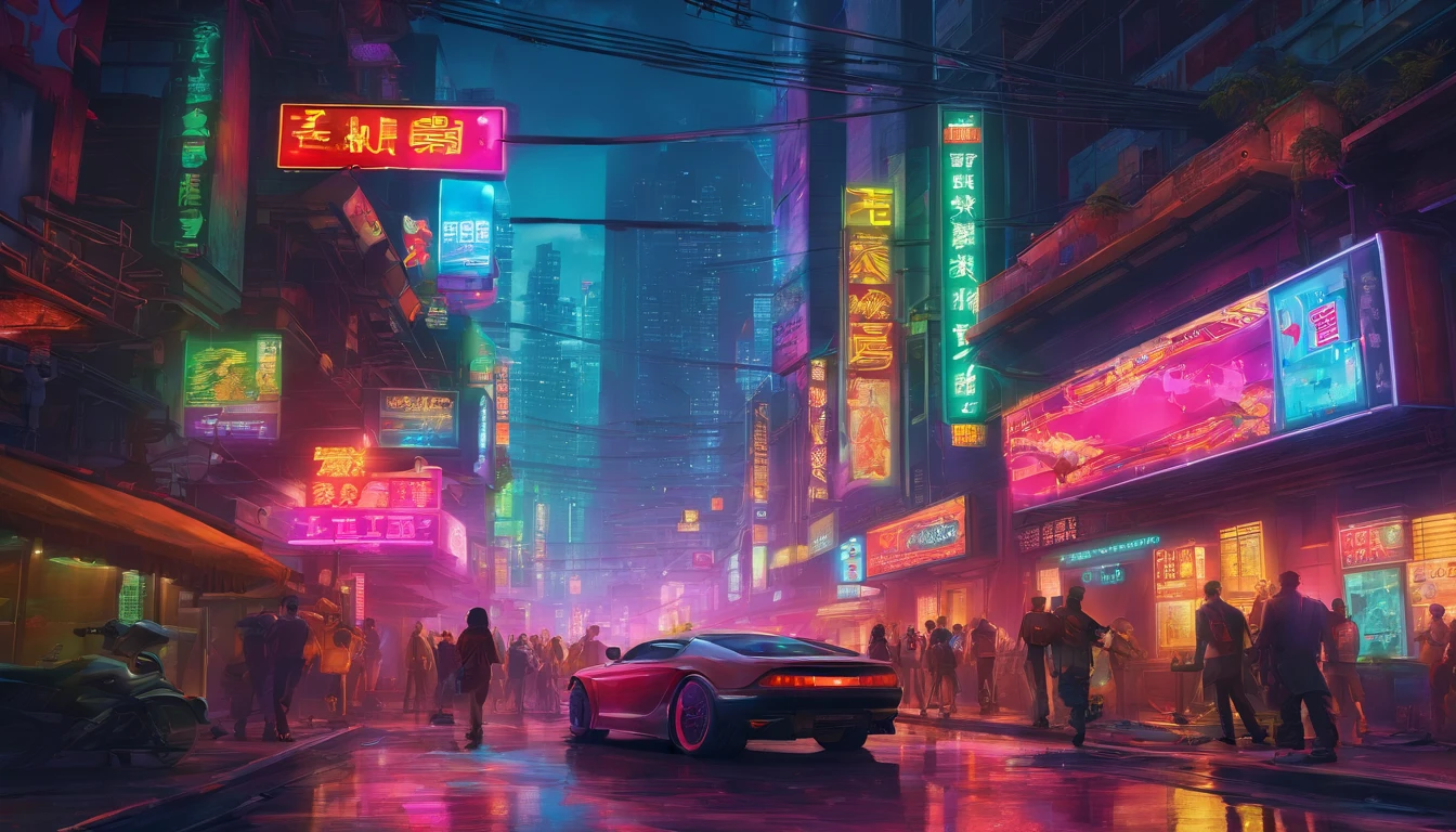 Illustration of a busy cyberpunk city street with people and cars, uma pintura digital inspirada em Liam Wong, trending in behance, arte conceitual, Arte de uma rua de Hong Kong, cartaz impresso de rua, detailed cyberpunk illustration, Estilo da cidade murada de Kowloon, Kowloon cyberpunk, chungking express paleta de cores, poster illustration, in a tropical and dystopic city, gta chinatown estilo de arte