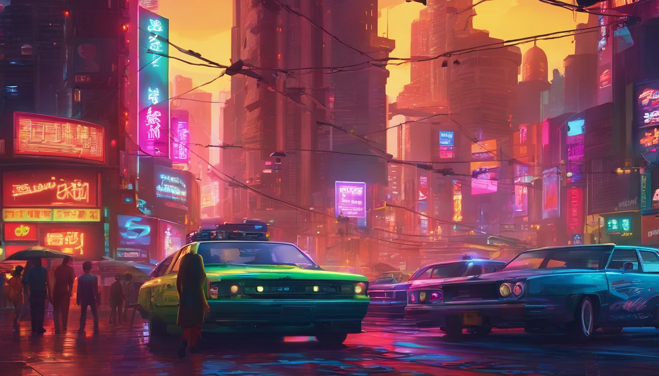Illustration of a busy cyberpunk city street with people and cars, uma pintura digital inspirada em Liam Wong, trending in behance, arte conceitual, Arte de uma rua de Hong Kong, cartaz impresso de rua, detailed cyberpunk illustration, Estilo da cidade murada de Kowloon, Kowloon cyberpunk, chungking express paleta de cores, poster illustration, in a tropical and dystopic city, gta chinatown estilo de arte