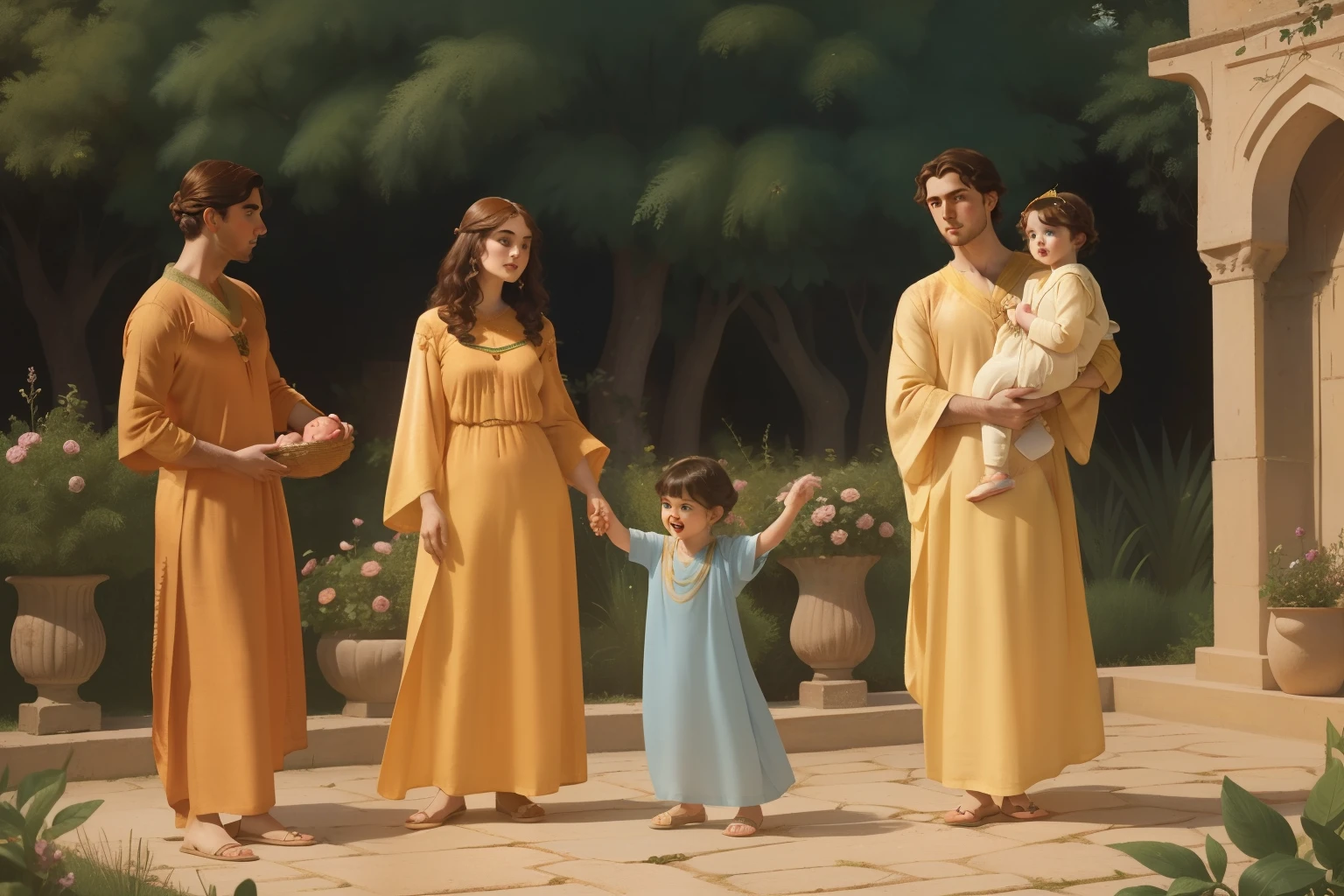 Year: 11th century. Location: Ispahan. Pre-raphaelite scene with a 25-year-old english man, with his wife and ((two baby sons)), holding two ((babies)), baby boys, garden, ((first steps)), love and joy, ((((11th century plain caftan)))) ((11th century hairstyle)), (((cinematic style)))